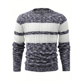 All Match Knitted Color Block Sweater, Men's Casual Warm Mid Stretch Round Neck Pullover Sweater For Fall Winter