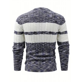 All Match Knitted Color Block Sweater, Men's Casual Warm Mid Stretch Round Neck Pullover Sweater For Fall Winter