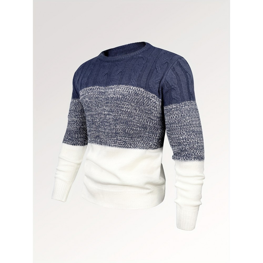 All Match Knitted Cable Sweater, Men's Casual Warm Slightly Stretch Crew Neck Pullover Sweater For Men Fall Winter