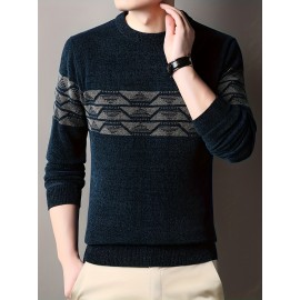 Ethnic Pattern Knitted Slim Sweater, Men's Casual Warm Mid Stretch Crew Neck Pullover Sweater For Men Fall Winter