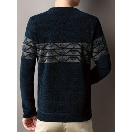 Ethnic Pattern Knitted Slim Sweater, Men's Casual Warm Mid Stretch Crew Neck Pullover Sweater For Men Fall Winter