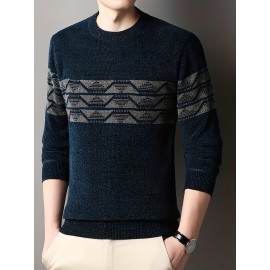 Ethnic Pattern Knitted Slim Sweater, Men's Casual Warm Mid Stretch Crew Neck Pullover Sweater For Men Fall Winter