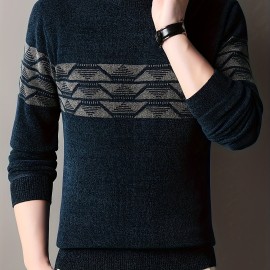 Ethnic Pattern Knitted Slim Sweater, Men's Casual Warm Mid Stretch Crew Neck Pullover Sweater For Men Fall Winter