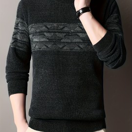 Ethnic Pattern Knitted Slim Sweater, Men's Casual Warm Mid Stretch Crew Neck Pullover Sweater For Men Fall Winter