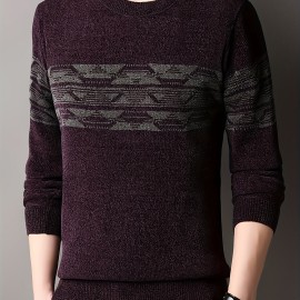 Ethnic Pattern Knitted Slim Sweater, Men's Casual Warm Mid Stretch Crew Neck Pullover Sweater For Men Fall Winter