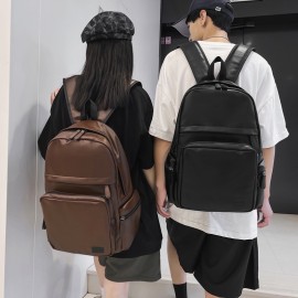 1pc Trendy Cool Solid Color Backpack, Men's PU Leather Large Capacity Preppy Style Casual Backpack, Couple Simple College Student Backpack, Multifunctional Travel Backpack