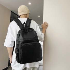 1pc Trendy Cool Solid Color Backpack, Men's PU Leather Large Capacity Preppy Style Casual Backpack, Couple Simple College Student Backpack, Multifunctional Travel Backpack