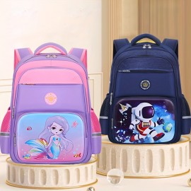 1pcs Cute Astronaut Mermaid Pattern SchoolBag, Fashion Cartoon Primary School Students Bag, Large Capacity Boys Girls Lightweight Backpack, Kindergarten School Bag