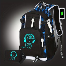 1pc Glow In The Dark Backpack, Large Capacity Schoolbag For Students, Spine Protection Backpack, Breathable Backpack, Fashion Durable Backpack Suitable For Campus Life, Astronaut Pattern Bag