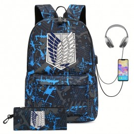 2pcs Backpack And Pen Bag Set. Fashion Print Backpack With USB Charging Port And Earphone Jack, Women Men Backpack, Travel Outdoor School Bags For Teens