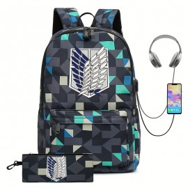 2pcs Backpack And Pen Bag Set. Fashion Print Backpack With USB Charging Port And Earphone Jack, Women Men Backpack, Travel Outdoor School Bags For Teens