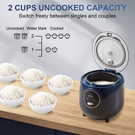 BEAR Rice Cooker 2 Cups Uncooked, Small Rice Cooker Steamer With Removable Nonstick Pot, One Touch&Keep Warm Function, Mini Rice Cooker For Soup Stew Grain Oatmeal Veggie, Blue