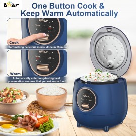 BEAR Rice Cooker 2 Cups Uncooked, Small Rice Cooker Steamer With Removable Nonstick Pot, One Touch&Keep Warm Function, Mini Rice Cooker For Soup Stew Grain Oatmeal Veggie, Blue