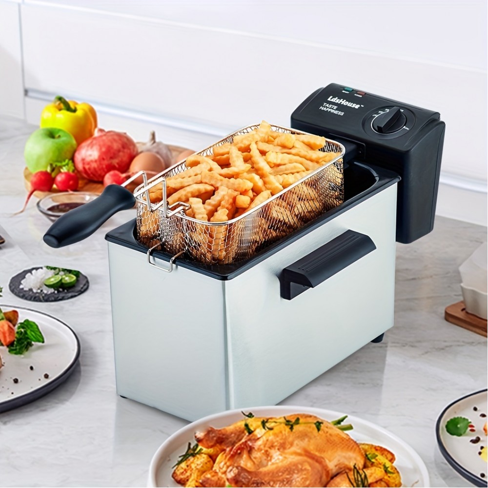 Professional Grade Electric Deep Fryer with Basket & Removable Lid with View Window, 1800 Watts, 9 Cups/ 3.5 Liters Oil Capacity, Stainless Steel for home cooking