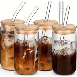 16oz Multi-Use Glass Cup Set with Lids and Straws - Elegant, Thickened Wall Glassware for Wine, Beer, & Coffee - 4pc