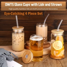 16oz Multi-Use Glass Cup Set with Lids and Straws - Elegant, Thickened Wall Glassware for Wine, Beer, & Coffee - 4pc