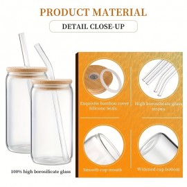 16oz Multi-Use Glass Cup Set with Lids and Straws - Elegant, Thickened Wall Glassware for Wine, Beer, & Coffee - 4pc