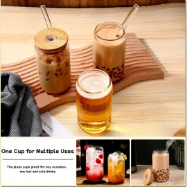 16oz Multi-Use Glass Cup Set with Lids and Straws - Elegant, Thickened Wall Glassware for Wine, Beer, & Coffee - 4pc