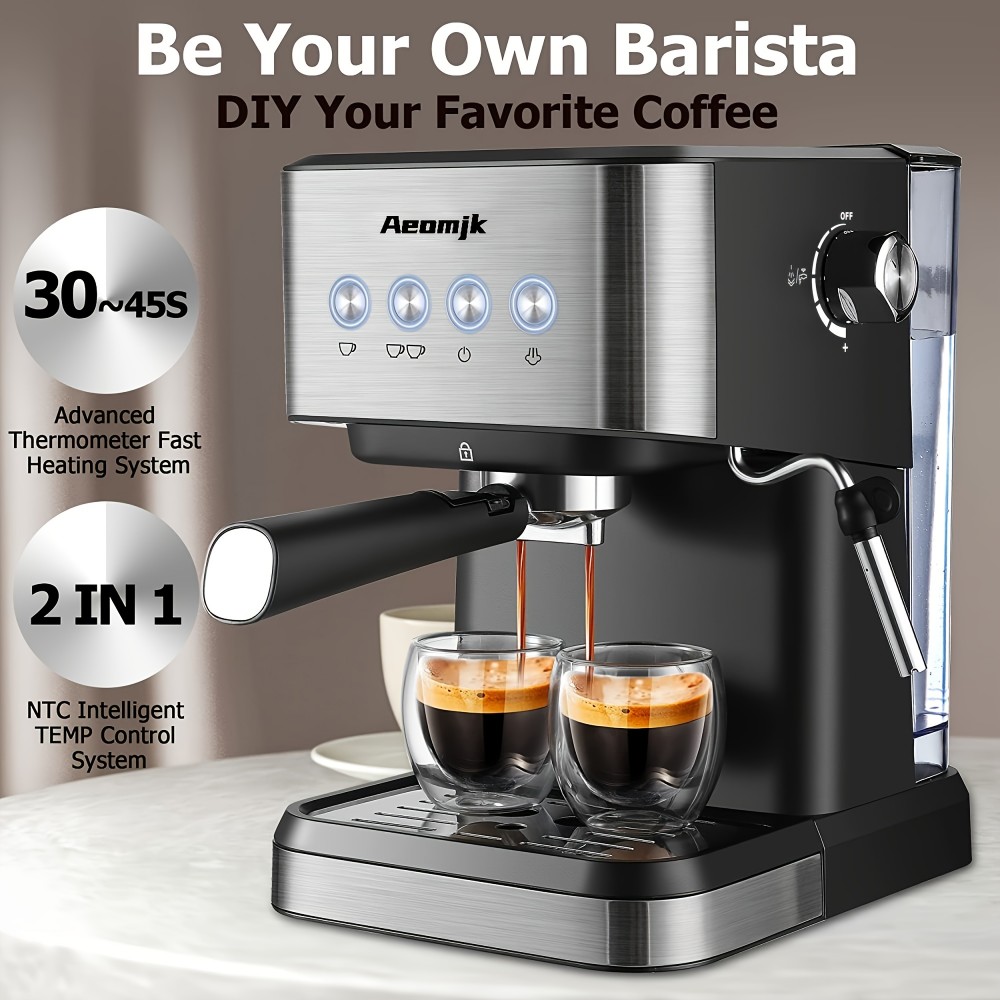 Barista-Quality Espresso Machine | Quick Heating, 20 Bar Pressure, 1L Capacity, with Milk Frother - Ideal for Homes and RVs