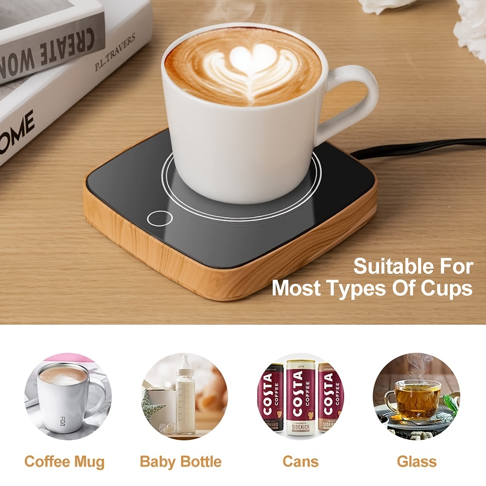 Waterproof Coffee Mug Warmer with 3 Temperature Settings: Home & Office, Wood Grain Design, Perfect Gift, No Batteries Required - US Plug (110V-130V)