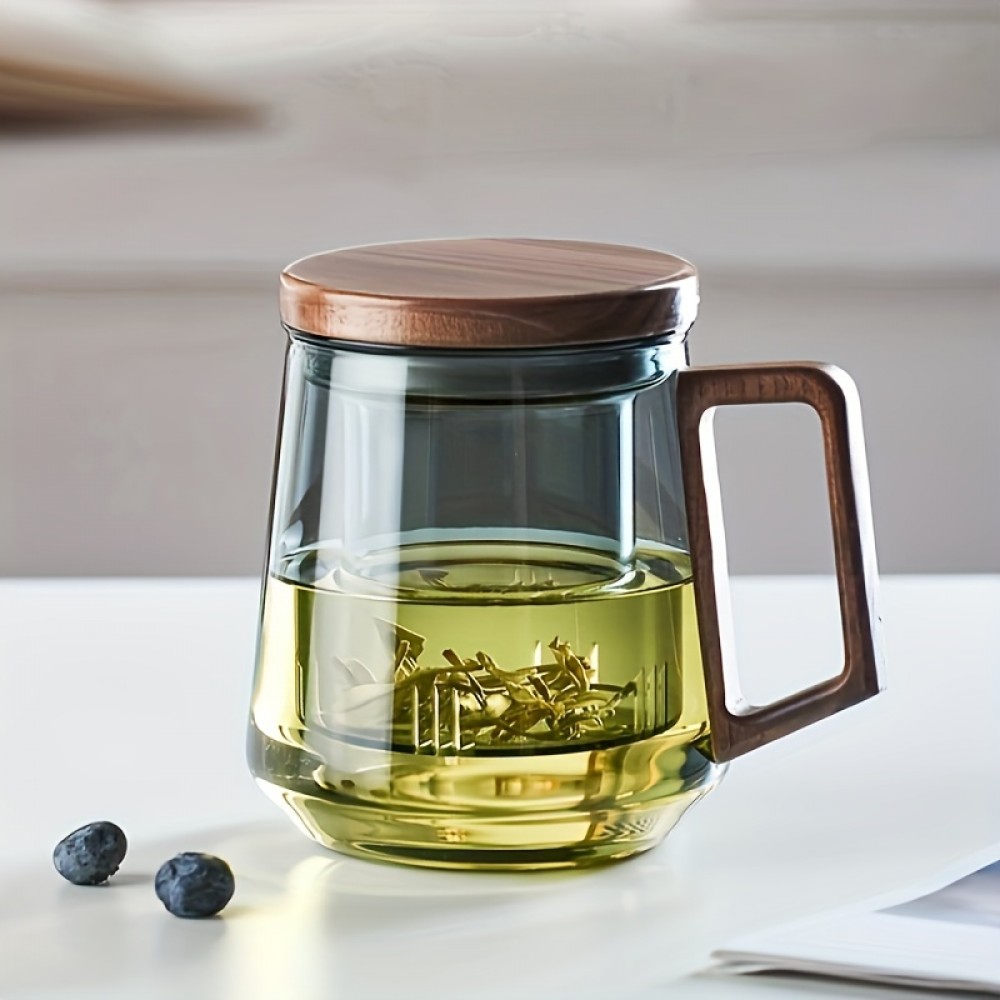 1pc 525ml/17.8oz, Heat-Resistant Borosilicate Glass Tea Cup with Walnut Cover - Moisture Separation Mug for Green Tea - Ideal for Men and Women