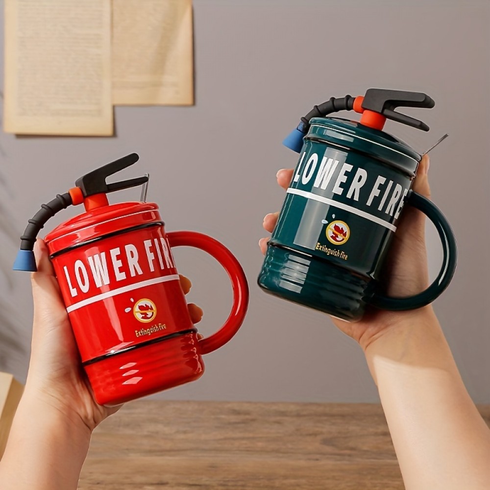 1pc 16 Oz Fire Extinguisher Styling Coffee Mug With Lid And Spoon - Fun Ceramic Mug -Creative Styling Quirky Coffee Mug - Perfect Gift For Work, Office, Christmas, And Parties