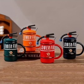 1pc 16 Oz Fire Extinguisher Styling Coffee Mug With Lid And Spoon - Fun Ceramic Mug -Creative Styling Quirky Coffee Mug - Perfect Gift For Work, Office, Christmas, And Parties