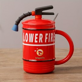 1pc 16 Oz Fire Extinguisher Styling Coffee Mug With Lid And Spoon - Fun Ceramic Mug -Creative Styling Quirky Coffee Mug - Perfect Gift For Work, Office, Christmas, And Parties