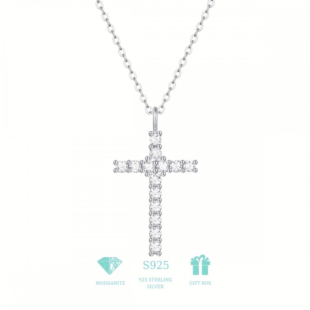 Ladies Necklace 925 Sterling Silver Plated 18K Plated Moissanite Necklace Cross Pendant Necklace