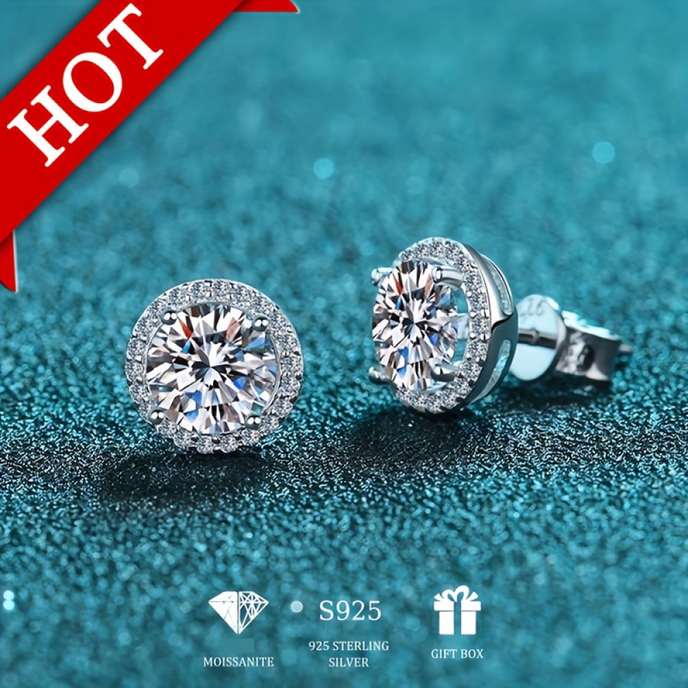 Round Shiny Moissanite Design Stud Earrings Sterling 925 Silver Jewelry Exquisite Gift With Gift Box