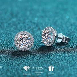 Round Shiny Moissanite Design Stud Earrings Sterling 925 Silver Jewelry Exquisite Gift With Gift Box