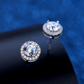 Round Shiny Moissanite Design Stud Earrings Sterling 925 Silver Jewelry Exquisite Gift With Gift Box