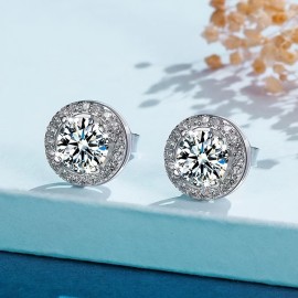 Round Shiny Moissanite Design Stud Earrings Sterling 925 Silver Jewelry Exquisite Gift With Gift Box