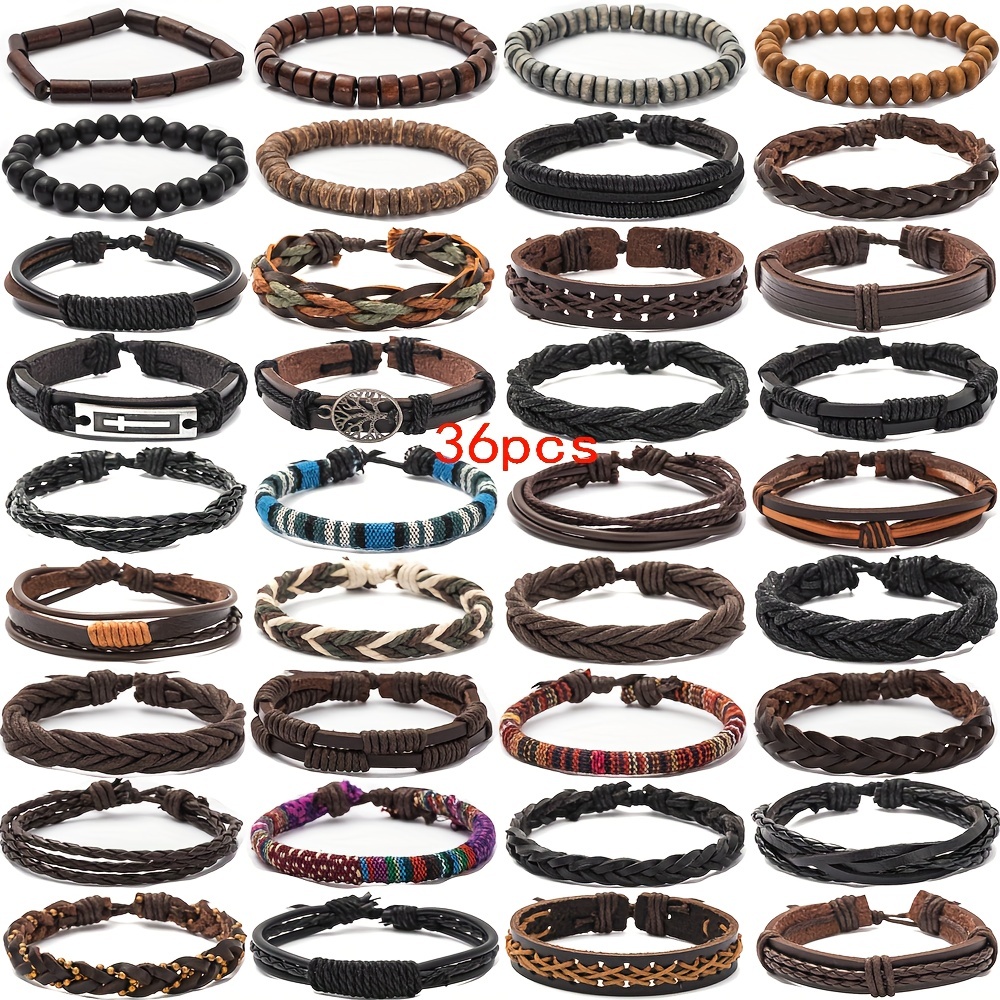 36pcs/set Men's Hand-woven Multi-layer Pu Leather Set Bracelet, Hot Sale Adjustable Bracelet