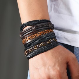 36pcs/set Men's Hand-woven Multi-layer Pu Leather Set Bracelet, Hot Sale Adjustable Bracelet