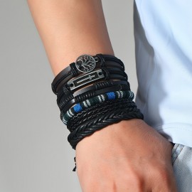 36pcs/set Men's Hand-woven Multi-layer Pu Leather Set Bracelet, Hot Sale Adjustable Bracelet