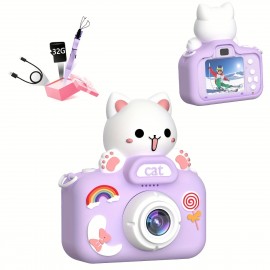 Purple Cat Mini Camera Kids Camera Toys For 3 4 5 6 7 8 9 10 Year Old Boys/Girls, Digital Camera Toys, Christmas Birthday Gifts, Selfie Camera For Kids, 32GB SD Card, Outdoor Photography Toys