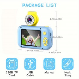 Kids Selfie Camera With Flip Lens, Suitable For Boys And Girls, Christmas Day Birthday Gift HD Digital Video Toddler Camera Portable Educational Toy With 32GB SD Card