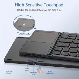 Three Fold Touchpad Keyboard.Comfortable Frosting Feel, Practical Touch Pad, Light Weight And Thin Thickness, Three System Compatibility, Using Imported Chips.Three Fold. Easy To Carry.