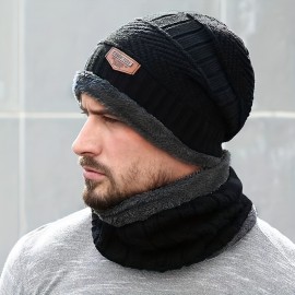 2pcs/set Men's Warm Hat & Scarf Knitted Plus Velvet Thickened Windproof Neck Warmer Hat, Ideal choice for Gifts