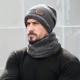 2pcs/set Men's Warm Hat & Scarf Knitted Plus Velvet Thickened Windproof Neck Warmer Hat, Ideal choice for Gifts