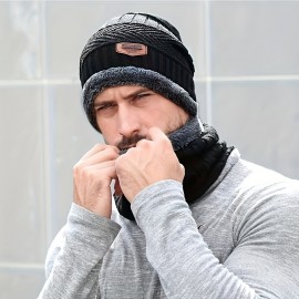 2pcs/set Men's Warm Hat & Scarf Knitted Plus Velvet Thickened Windproof Neck Warmer Hat, Ideal choice for Gifts