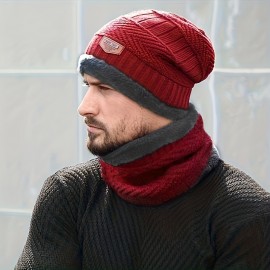 2pcs/set Men's Warm Hat & Scarf Knitted Plus Velvet Thickened Windproof Neck Warmer Hat, Ideal choice for Gifts