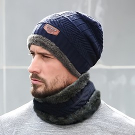 2pcs/set Men's Warm Hat & Scarf Knitted Plus Velvet Thickened Windproof Neck Warmer Hat, Ideal choice for Gifts