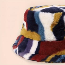 1pc Plush Color Matching Imitation Rabbit Fur Bucket Hat For Autumn And Winter, Ideal choice for Gifts