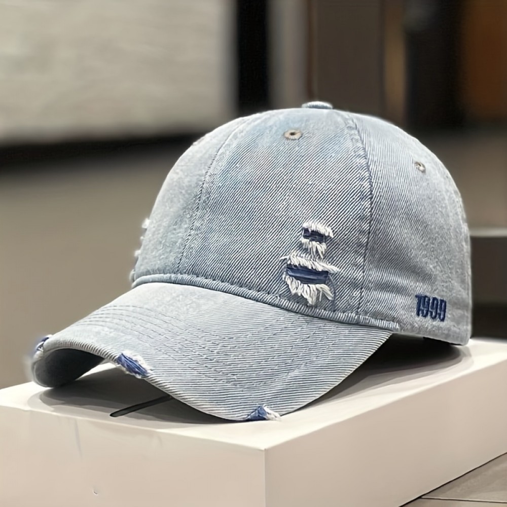 1pc Denim Distressed Ripped Peaked Cap For Spring Summer Autumn, Ideal choice for Gifts