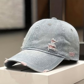 1pc Denim Distressed Ripped Peaked Cap For Spring Summer Autumn, Ideal choice for Gifts