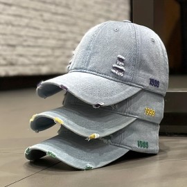 1pc Denim Distressed Ripped Peaked Cap For Spring Summer Autumn, Ideal choice for Gifts