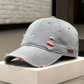 1pc Denim Distressed Ripped Peaked Cap For Spring Summer Autumn, Ideal choice for Gifts