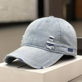 1pc Denim Distressed Ripped Peaked Cap For Spring Summer Autumn, Ideal choice for Gifts